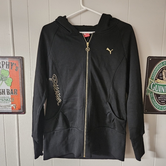 Puma Tops - Puma Black Zip-Up Hoodie with Gold Trim and Logo